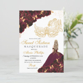 Burgund Gold Glitzer Sweet 16 Masquerade Einladung