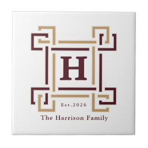 Burgund Gold Griechisches Schlüssel-Monogramm Fami Fliese