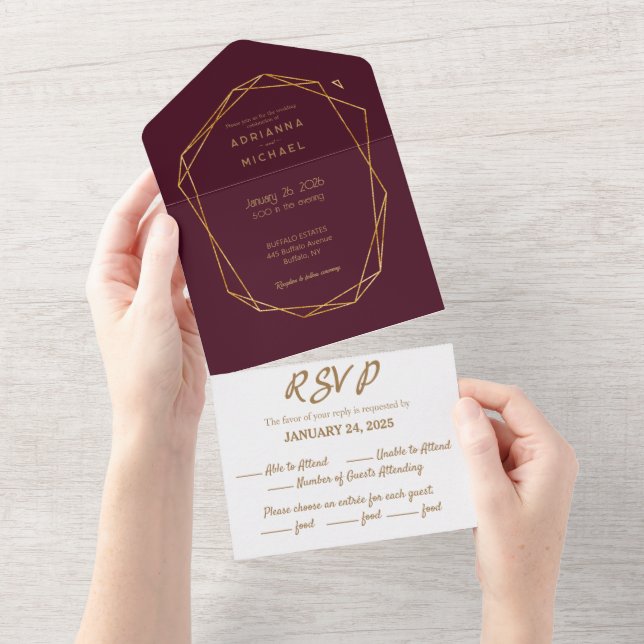 Burgund & Gold in einer Hochzeit Einladung (Abreißtisch)