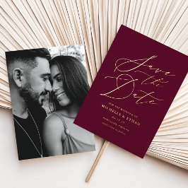 Burgund-Gold-Kalligrafie-Foto Save the Date Folieneinladung