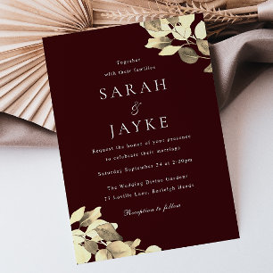 Burgund & Gold Leaf Moderne Hochzeit Einladung