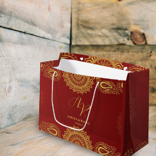 Burgund & Gold mit Mandala Design Indian Wedding Große Geschenktüte