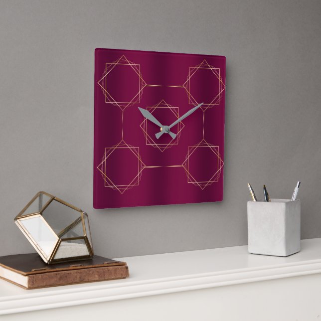 Burgund & Gold Quadratische Wanduhr (Büro)