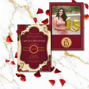 Burgund & Gold Quinceañera-Fotoeinladung Einladung