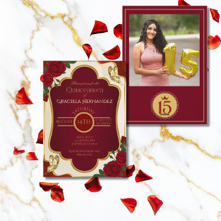 Burgund & Gold Quinceañera-Fotoeinladung Einladung