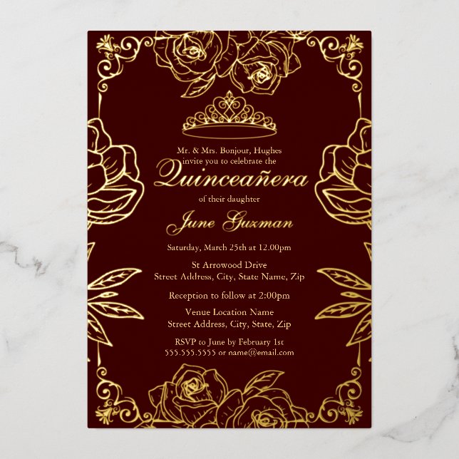 Burgund Gold Rose Garden Quinceanera Folieneinladung (Vorderseite)