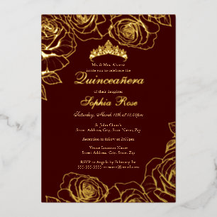 Burgund Gold Rose Garden Quinceanera Folieneinladung
