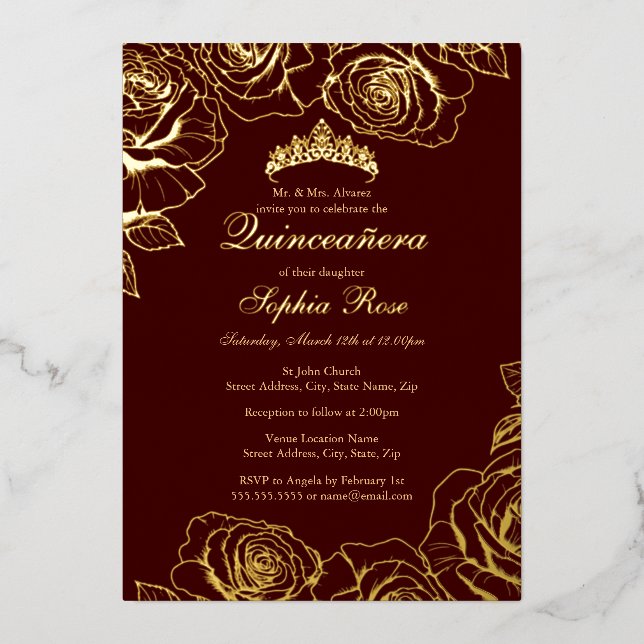 Burgund Gold Rose Garden Quinceanera Folieneinladung (Vorderseite)