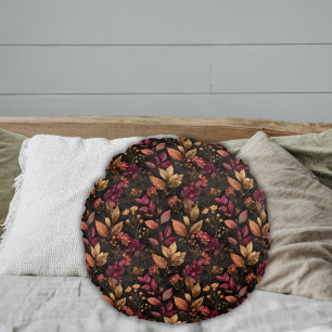 Burgund Gold Schwarz Aquarell Botanicals Florales  Rundes Kissen