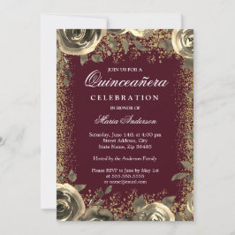 Burgund & Gold Sparkle Glitzer Quinceanera Einladu Einladung