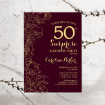Burgund Gold Überraschung 50. Geburtstagsparty Einladung<br><div class="desc">Burgund Gold Floral Überraschung 50. Geburtstag Party Einladung. Minimalistisches modernes Maroon-Design mit botanischen Akzenten und Typografie-Script-Schriftart. Einfache florale Einladungskarte perfekt für eine stilvolle weibliche Überraschung am Tag. Kann für jedes Alter angepasst werden.</div>