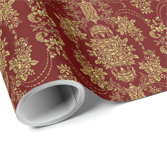 Burgund & Gold Vintage BarockDamasken Geschenkpapier (Rolleneckpunkt)