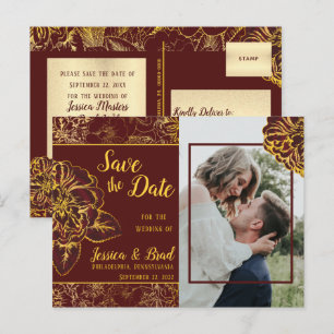 Burgund Gold Vintage Floral Foto Save-the-Date-Kar Ankündigungspostkarte