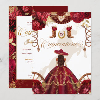 Burgund Gold Western Charro 2-seitige Quinceañera Einladung