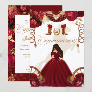 Burgund Gold Western Charro 2-seitige Quinceanera Einladung