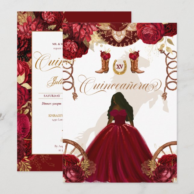 Burgund Gold Western Charro 2-seitige Quinceanera  Einladung (Vorne/Hinten)