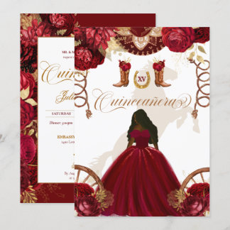 Burgund Gold Western Charro 2-seitige Quinceanera  Einladung