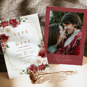 Burgund Gold Winter Floral Foto Hochzeit Save The Date