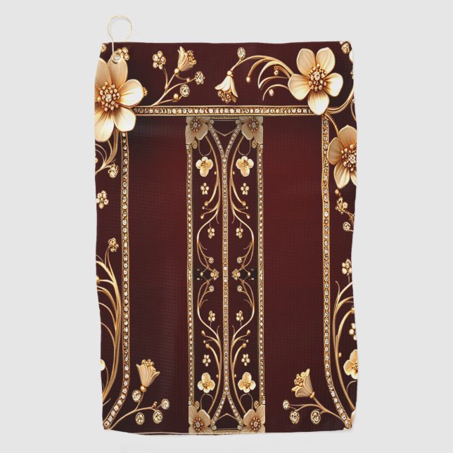 Burgund Golden Blume Golf Handtuch (Vorderseite)