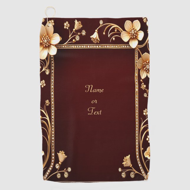 Burgund Golden Blume Golf Handtuch (Vorderseite)