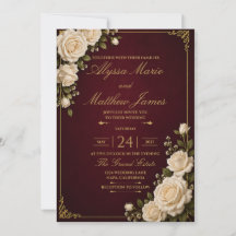 Burgund & Goldene Weiße Rosen Hochzeitseinladung