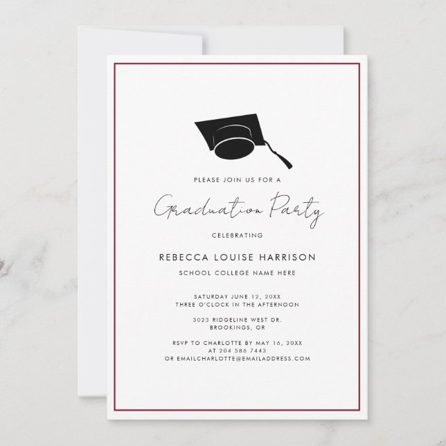 Burgund Graduate Cap Simple 2024 Graduation Party Einladung (Vorderseite)