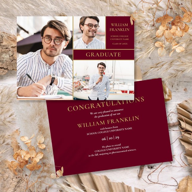 Burgund Graduate Gold 3 Foto Collage Abschluss Ankündigung (Burgundy Graduate Gold 3 Photo Collage Graduation Announcement)