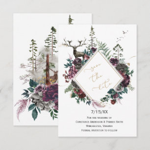 Burgund & Grau Blumig mit Hirsch Save the Date