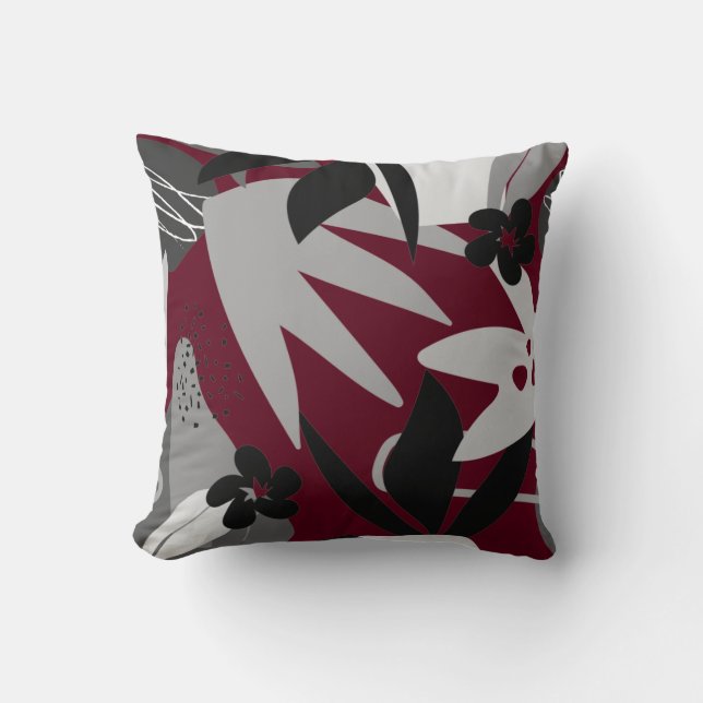 Burgund & Gray Artistic Abstrakt Tropical Kissen (Vorderseite)