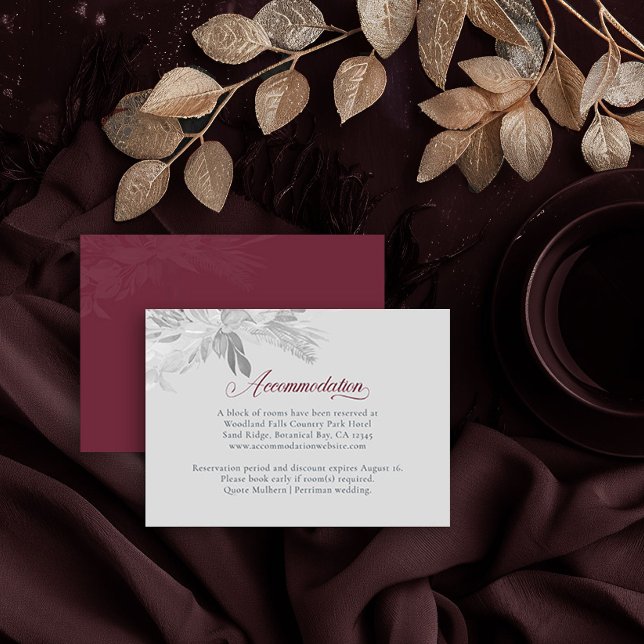 Burgund Gray Botanical Foliage Unterkunft Begleitkarte (Accommodation Insert Card in Burgundy and Grey from the Foliage Duet Collection by Darling & May)