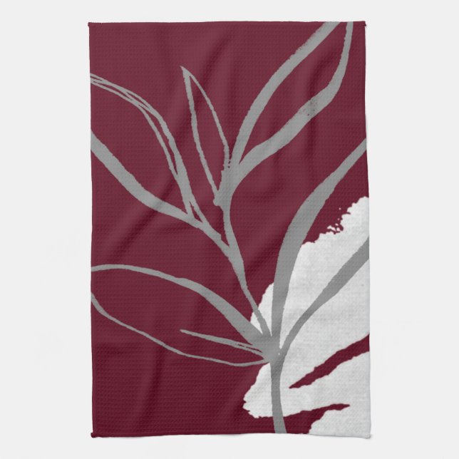 Burgund & Gray Minimalistische Aquarellfarben-Blät Geschirrtuch (Vertikal)