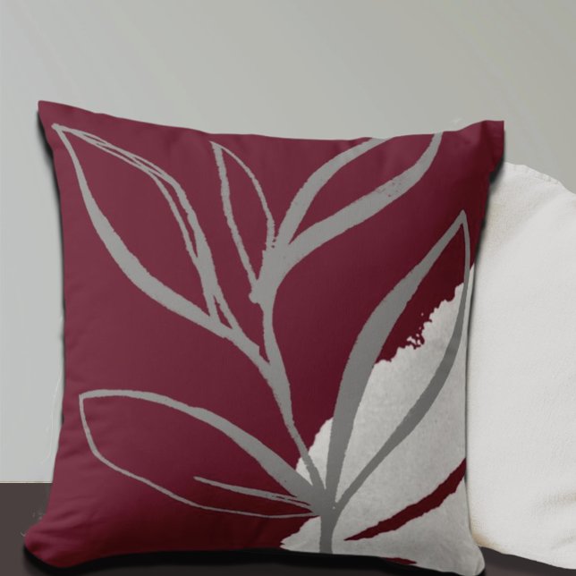 Burgund & Gray Minimalistische Aquarellfarben-Blät Kissen (Von Creator hochgeladen)