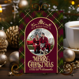 Burgund & Green Kariert mit Name & Foto Weihnachte Feiertagskarte