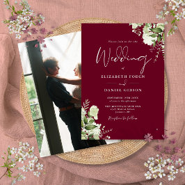 Burgund Greenery Blätter Elegantes Foto Hochzeit Einladung