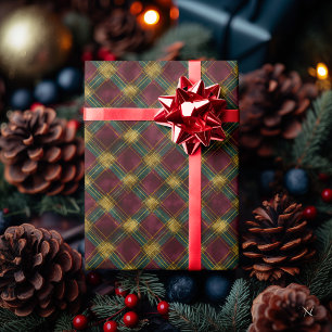 Burgund, Grün und Gelb Kariert – Festliches Rustik Geschenkpapier