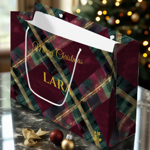 Burgund, Grün und Gold Diagonales Karo Weihnachten Große Geschenktüte