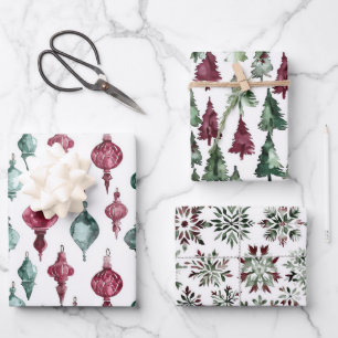 Burgund Grüne Weihnachtsschmuck Bäume Schneeflocke Geschenkpapier Set