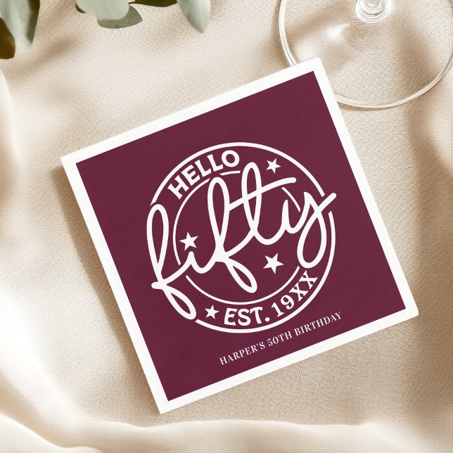 Burgund Hallo 50. Geburtstag Serviette (Von Creator hochgeladen)