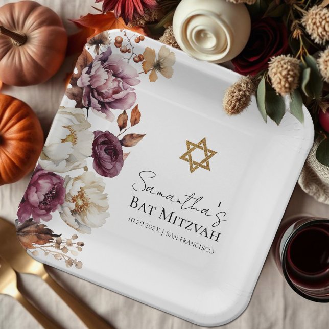 Burgund Herbst Fall Floral Bat Mitzvah Pappteller (Von Creator hochgeladen)