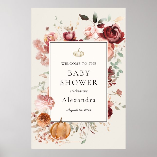 Burgund Herbst Florals Baby Dusche Willkommen Poster (Vorne)