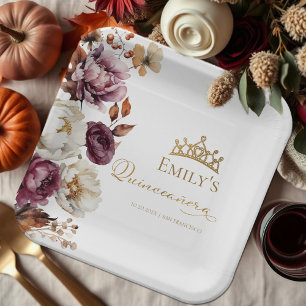 Burgund Herbst Herbst Floral Quinceanera Pappteller