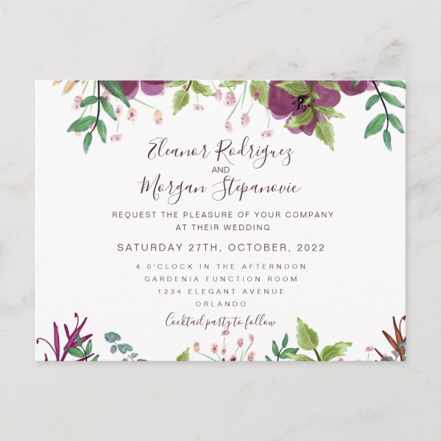 Burgund Hochzeit Blumenschrift Einladung Postkarte (Vorderseite)