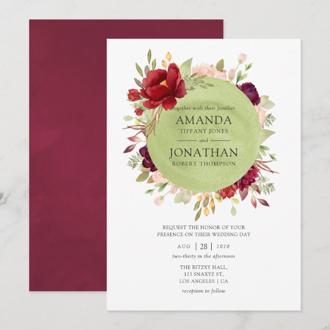 Burgund - Hochzeit in Marsala und Blush Einladung (Vorne/Hinten)