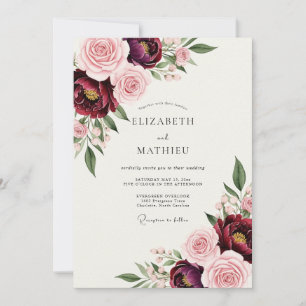 Burgund Hochzeit mit anspruchsvollen Botanicals Einladung