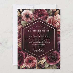 Burgund Hochzeit mit leuchtender Flora Einladung