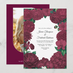 Burgund Hochzeitsbild und QR-Code-Hochzeit Einladung