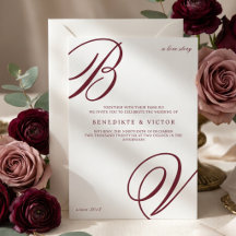 Burgund Hochzeitseinladung mit Elfenbein-Monogramm
