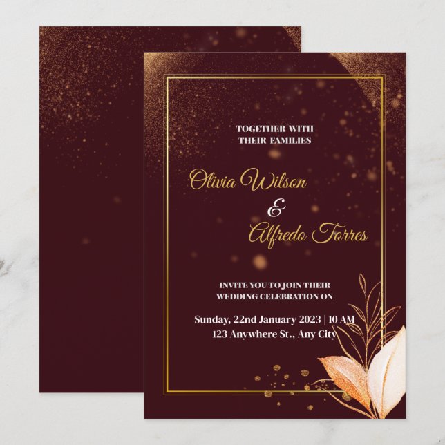 Burgund Hochzeitseinladung mit Goldfarben Einladung (Vorne/Hinten)