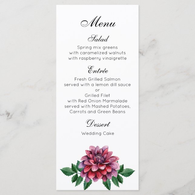 Burgund Hochzeitsessen Menü. Dahlias Menü Party Menükarte (Vorderseite)