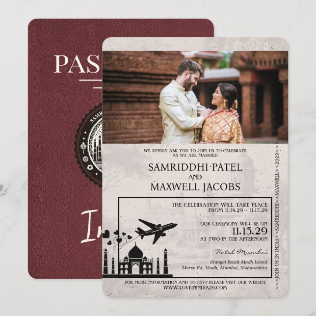 Burgund Indien Pass Einladung zur Hochzeit (Vorne/Hinten)